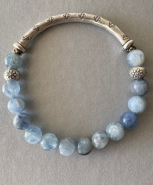 AAA Real Genuine Natural Light Blue Silver Kyanite Gemstone Bracelet 8mm (Round Beads)