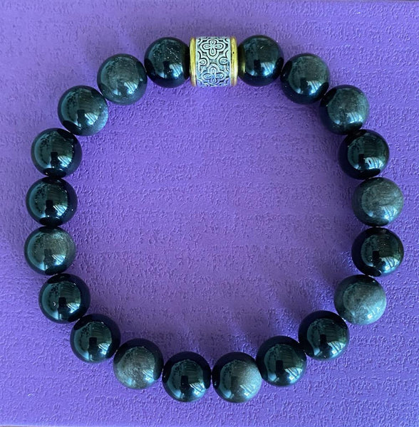 Natural Silver Obsidian Unisex Gemstone Bracelet 10 mm