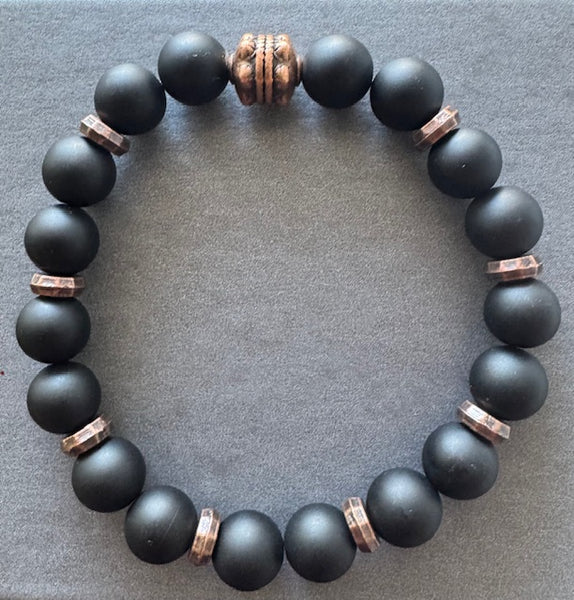 Matte Black Onyx & Antique Tibetan Copper Bracelet 10 mm