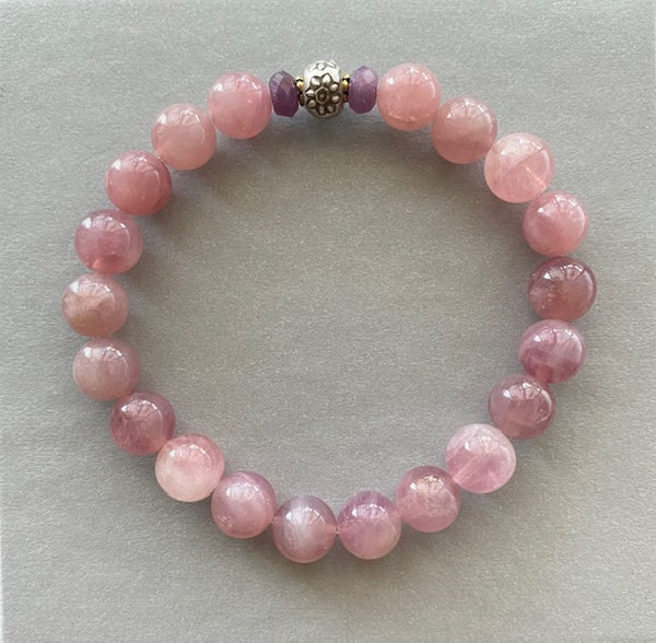 AAA Rare Mauve Pink Madagascar Rose Quartz & Purple Ruby Gemstone Bracelet 8mm