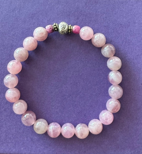 Rare Mauve Pink Madagascar Rose Quartz & Red Ruby Gemstone Bracelet 8mm